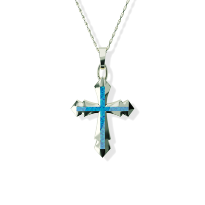 Opals & Ashes Decorative Cross Unisex Memorial Pendant 9ct White Gold. Ashes blended with Pacific Blue Opals.