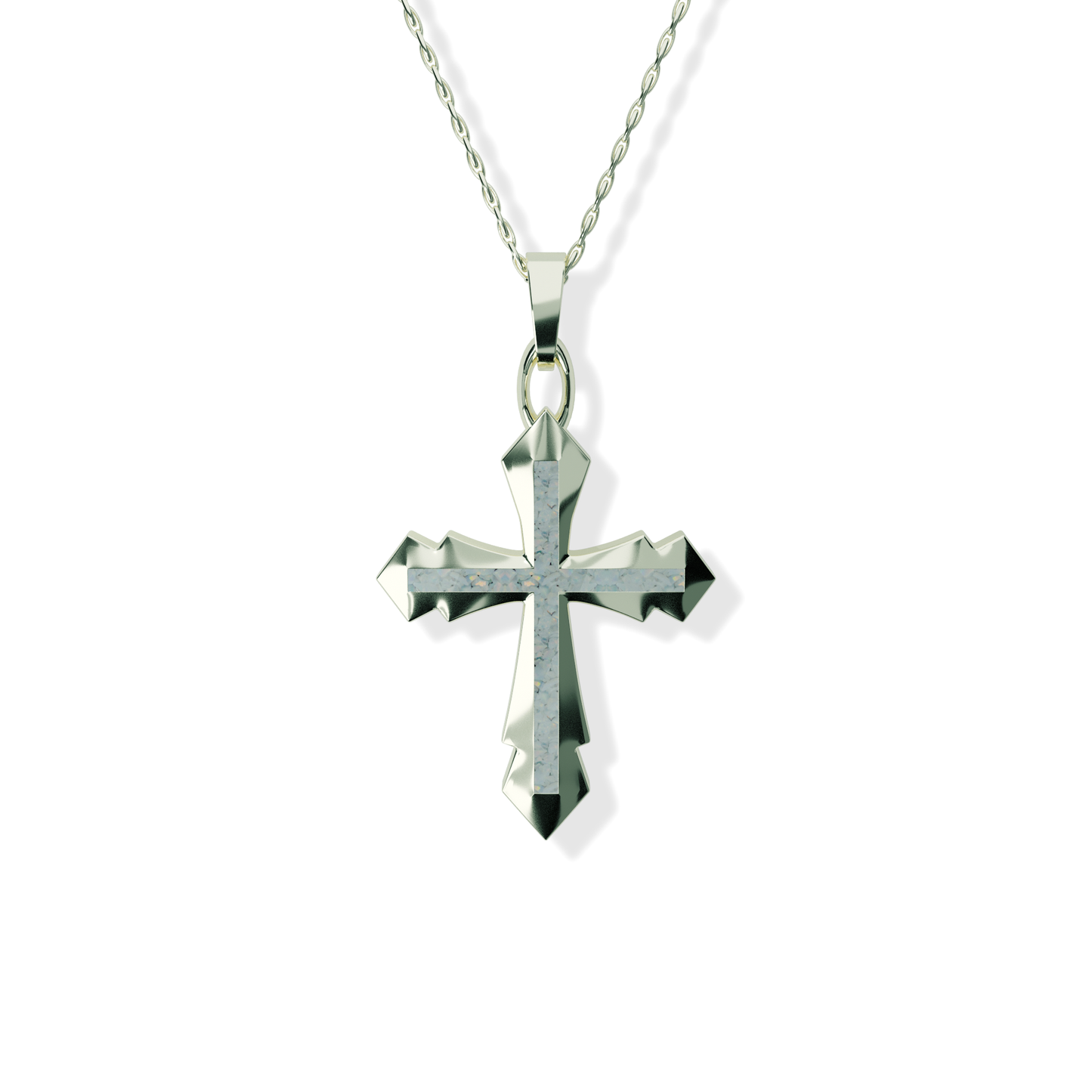 Opals & Ashes Decorative Cross Unisex Memorial Pendant 9ct White Gold. Ashes blended with Pearl White Opals.