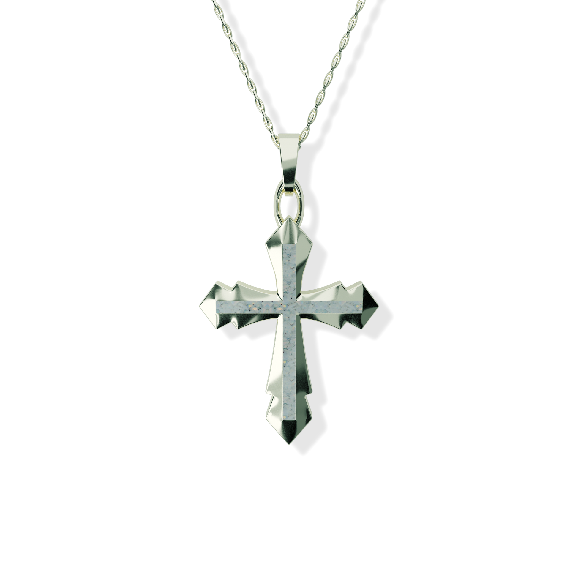 Opals & Ashes Decorative Cross Unisex Memorial Pendant 9ct White Gold. Ashes blended with Pearl White Opals.