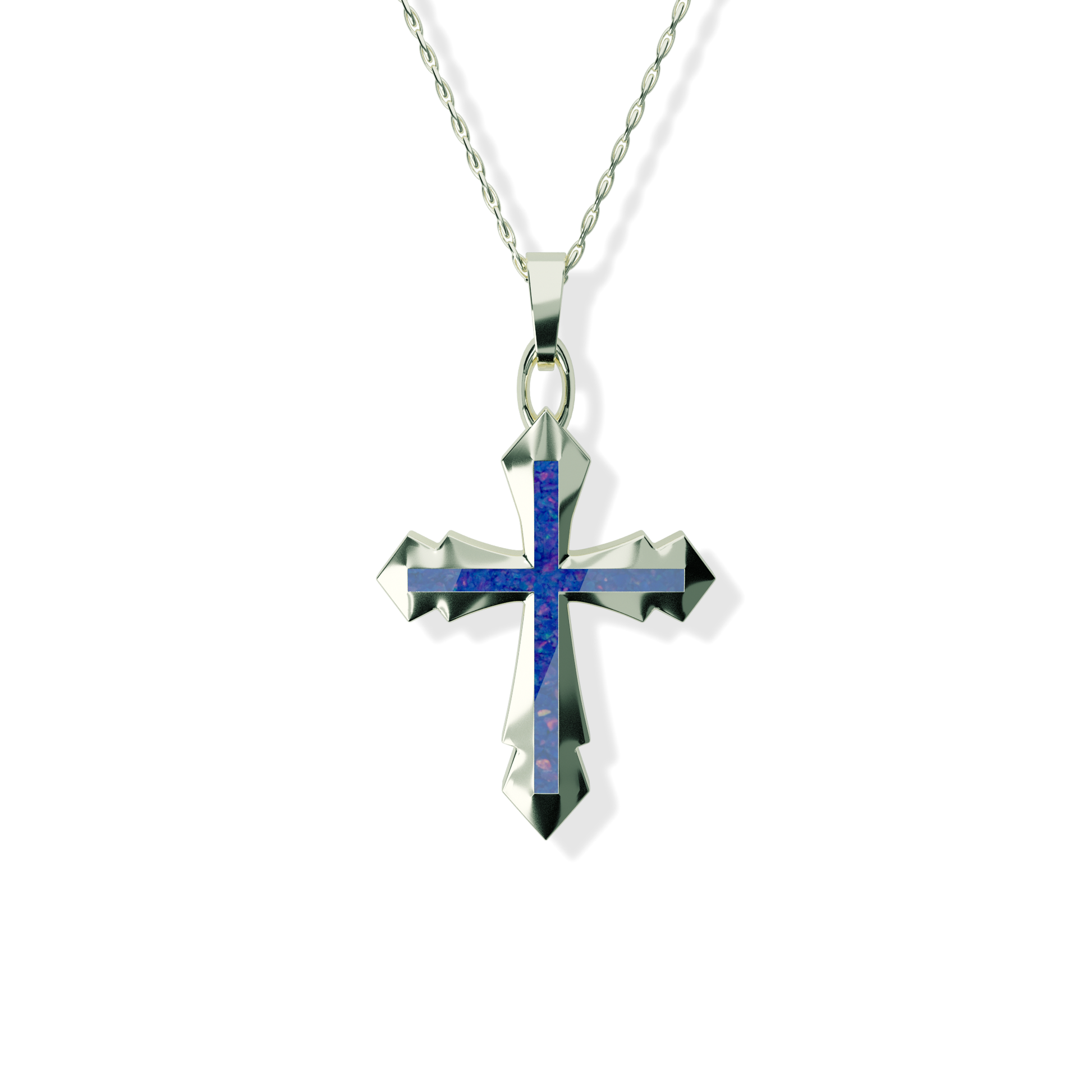 Opals & Ashes Decorative Cross Unisex Memorial Pendant 9ct White Gold. Ashes blended with Royal Blue Opals.