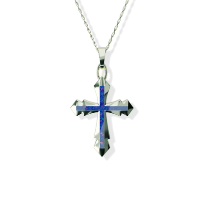 Opals & Ashes Decorative Cross Unisex Memorial Pendant 9ct White Gold. Ashes blended with Royal Blue Opals.