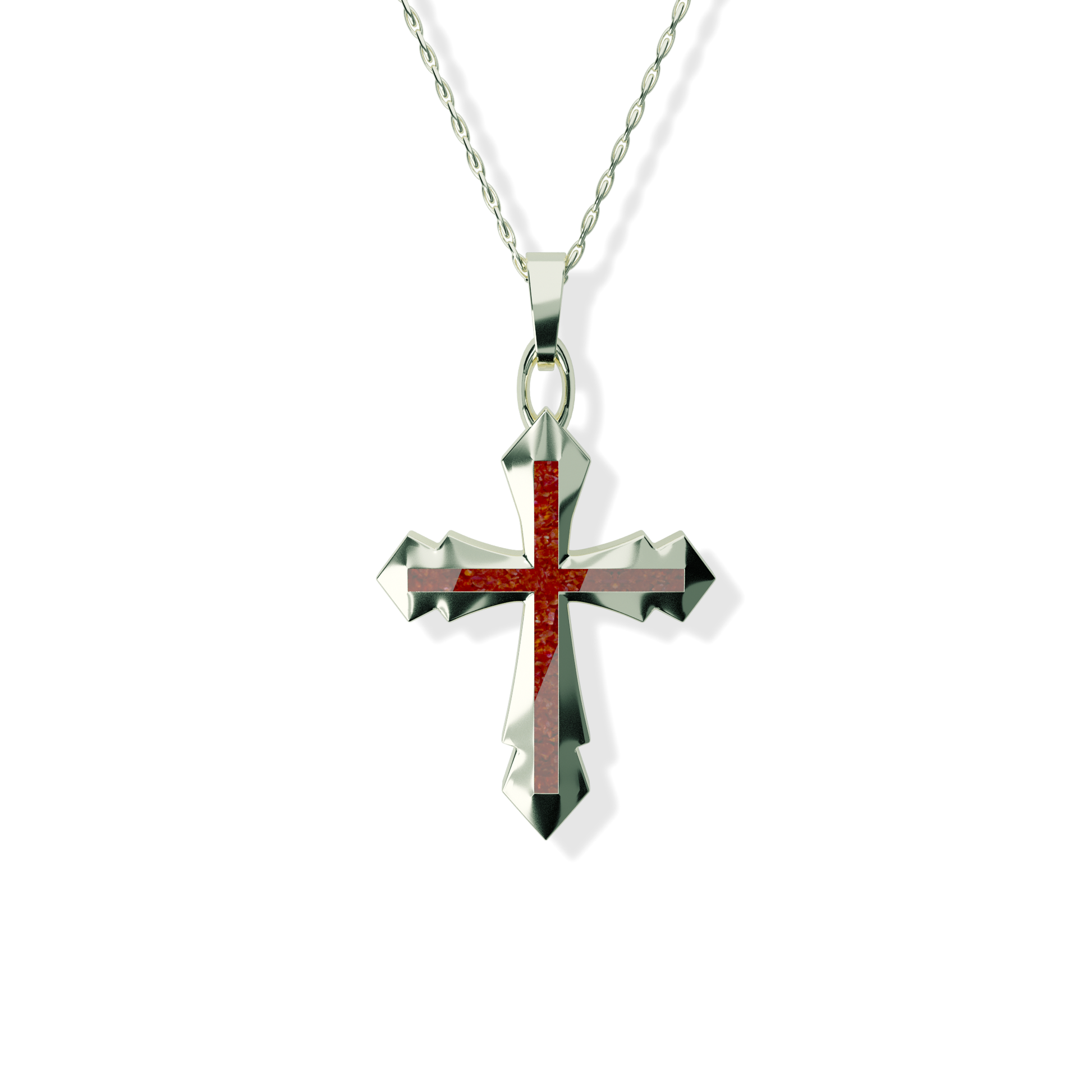Opals & Ashes Decorative Cross Unisex Memorial Pendant 9ct White Gold. Ashes blended with Ruby Red Opals.