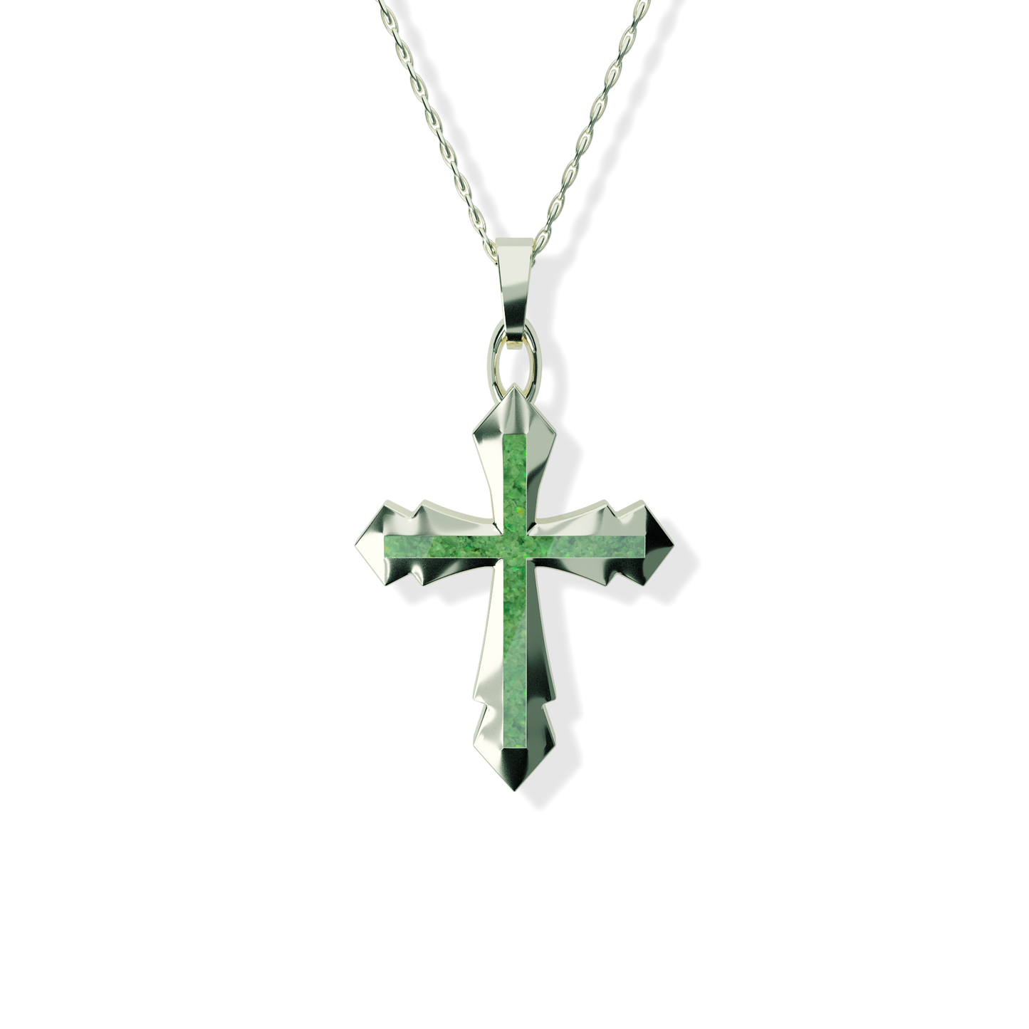 Opals & Ashes Decorative Cross Unisex Memorial Pendant 9ct White Gold. Ashes blended with Spring Green Opals.