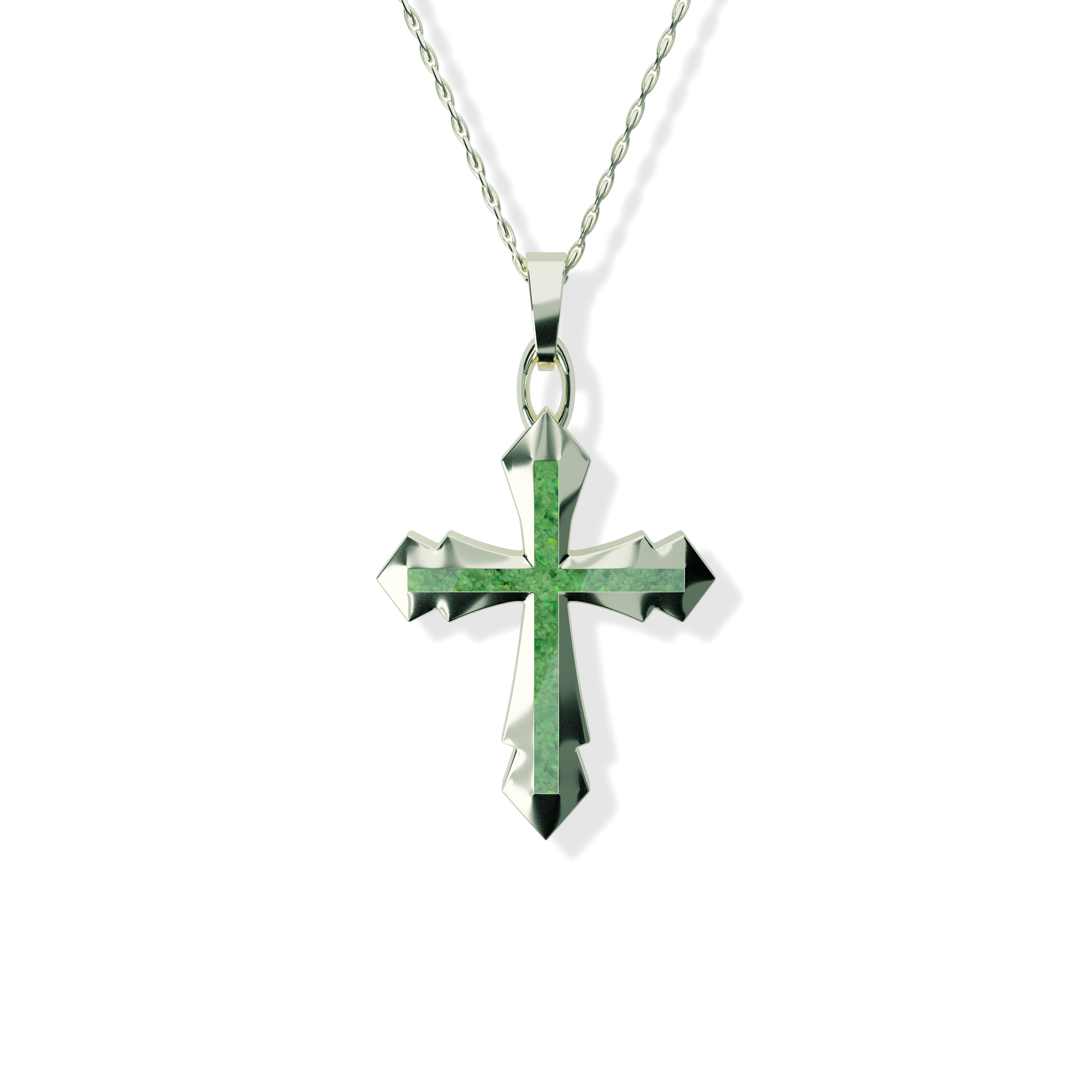 Opals & Ashes Decorative Cross Unisex Memorial Pendant 9ct White Gold. Ashes blended with Spring Green Opals.