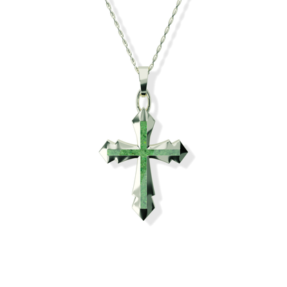 Opals & Ashes Decorative Cross Unisex Memorial Pendant 9ct White Gold. Ashes blended with Spring Green Opals.