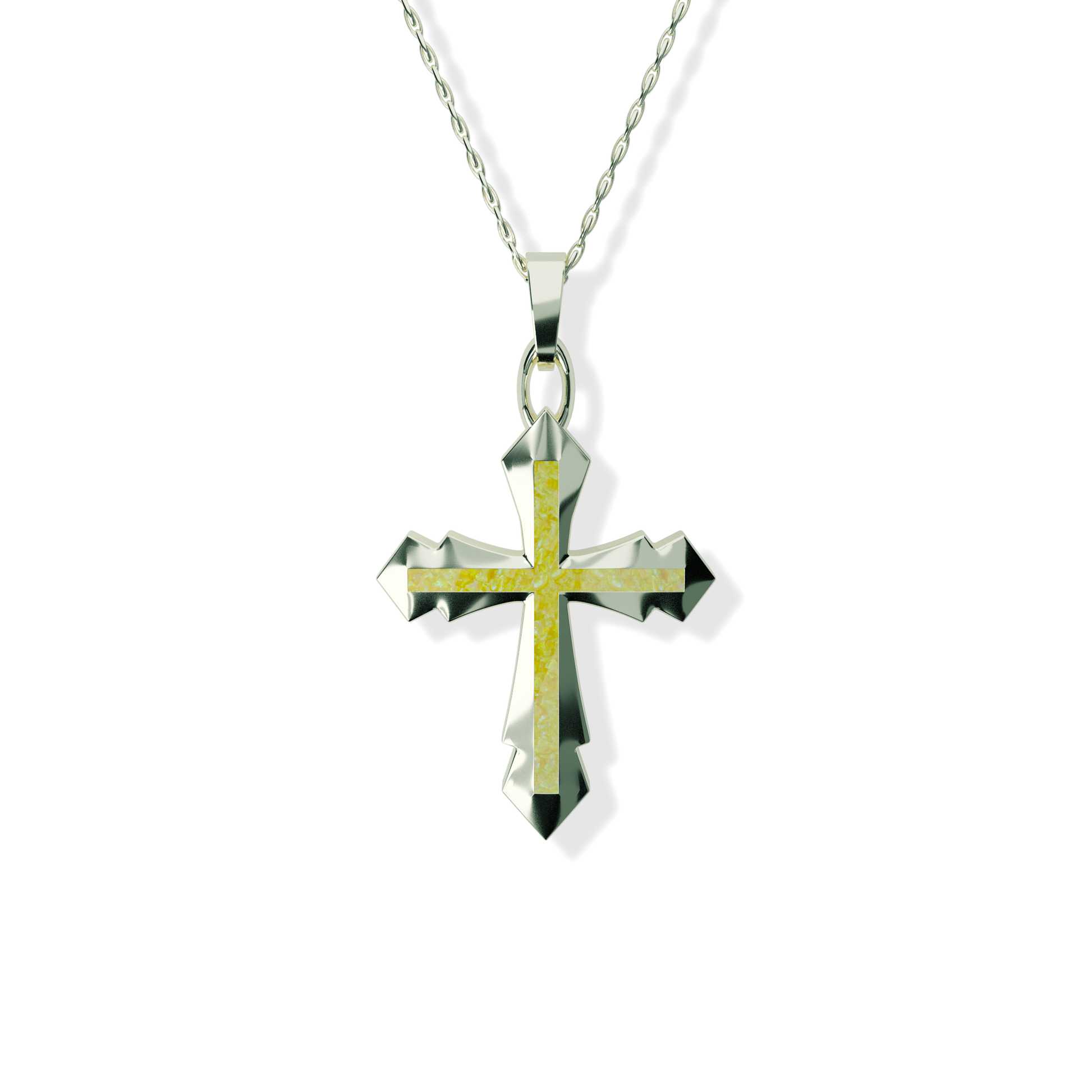 Opals & Ashes Decorative Cross Unisex Memorial Pendant 9ct White Gold. Ashes blended with Summer Yellow Opals.
