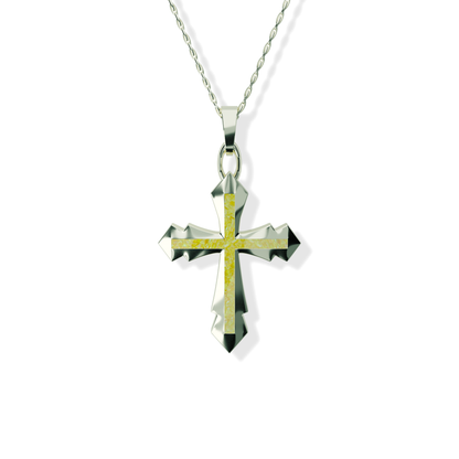 Opals & Ashes Decorative Cross Unisex Memorial Pendant 9ct White Gold. Ashes blended with Summer Yellow Opals.