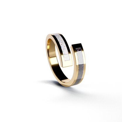 Opals & Ashes Dual Spiral Memorial Ring 9ct Yellow Gold. Ashes blended with Black Fire and Pearl White Opals.
