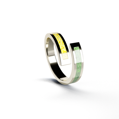 Opals & Ashes Dual Spiral Memorial Ring 9ct White Gold. Ashes blended with Summer Yellow and Spring Green Opals