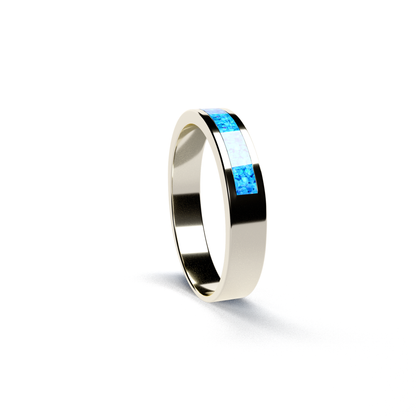 Opals & Ashes Half Circle Unisex Memorial Ring 9ct White Gold. Ashes blended with Royal Blue Opals.