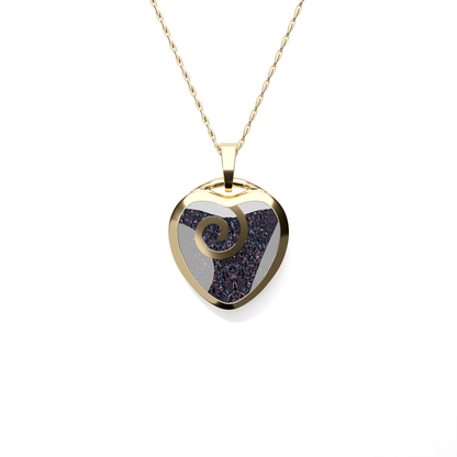 Opals & Ashes Spiral Heart Memorial Pendant 9ct Yellow Gold. Ashes blended with Black Fire Opals.