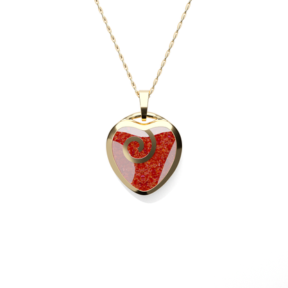 Opals & Ashes Spiral Heart Memorial Pendant 9ct Yellow Gold. Ashes blended with Ruby Red Opals.