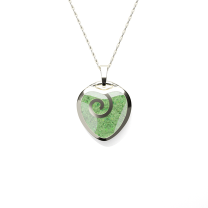 Opals & Ashes Spiral Heart Memorial Pendant 9ct White Gold. Ashes blended with Spring Green Opals.